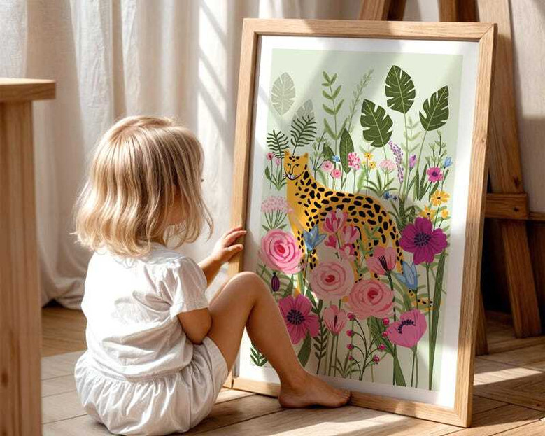 Jungle safari canvas triptych featuring leopard with tropical leaves and flowers, boho kids' room wall decor, vibrant colors