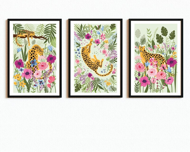 Safari jungle canvas wall art set, leopard with floral details in watercolor-style, playroom or nursery decor, trio prints
