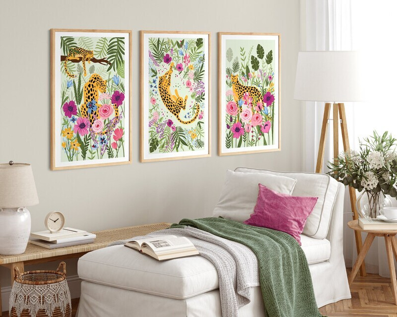 Jungle canvas art set of 3 with leopard and floral accents, vibrant kids' nursery or playroom decor, whimsical style
