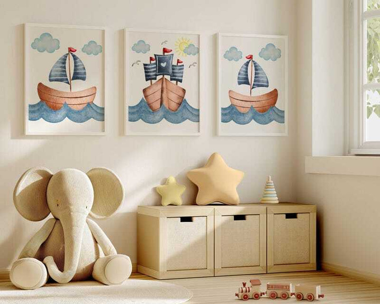 Nautical nursery canvas art set with blue and white sailboat and sea, coastal theme ideal for baby boy nursery wall decor