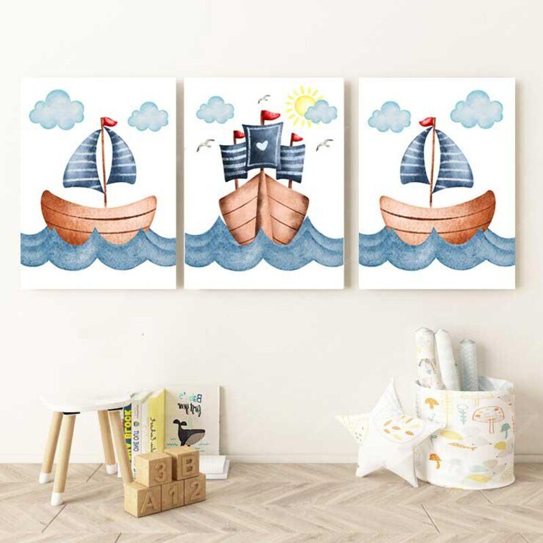 Ocean and sailboat nursery canvas art set, blue and white palette, nautical decor for boys' room or seaside nursery