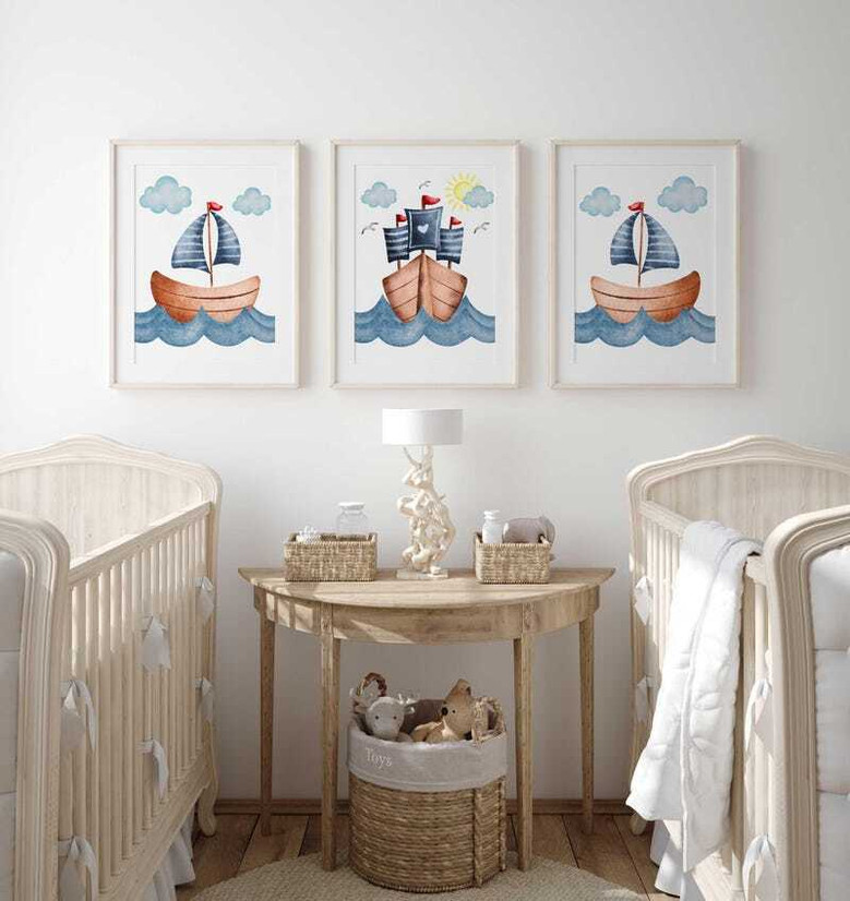 Ocean sailboat nursery canvas art set in blue and white, coastal wall art for a baby boy nursery or boys' room