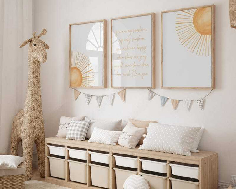 You Are My Sunshine quote canvas wall art, warm mustard and blush tones, framed-look canvas for crib-side nursery decor You Are My Sunshine quote canvas wall art, warm mustard and blush tones, framed-look canvas for crib-side nursery decor