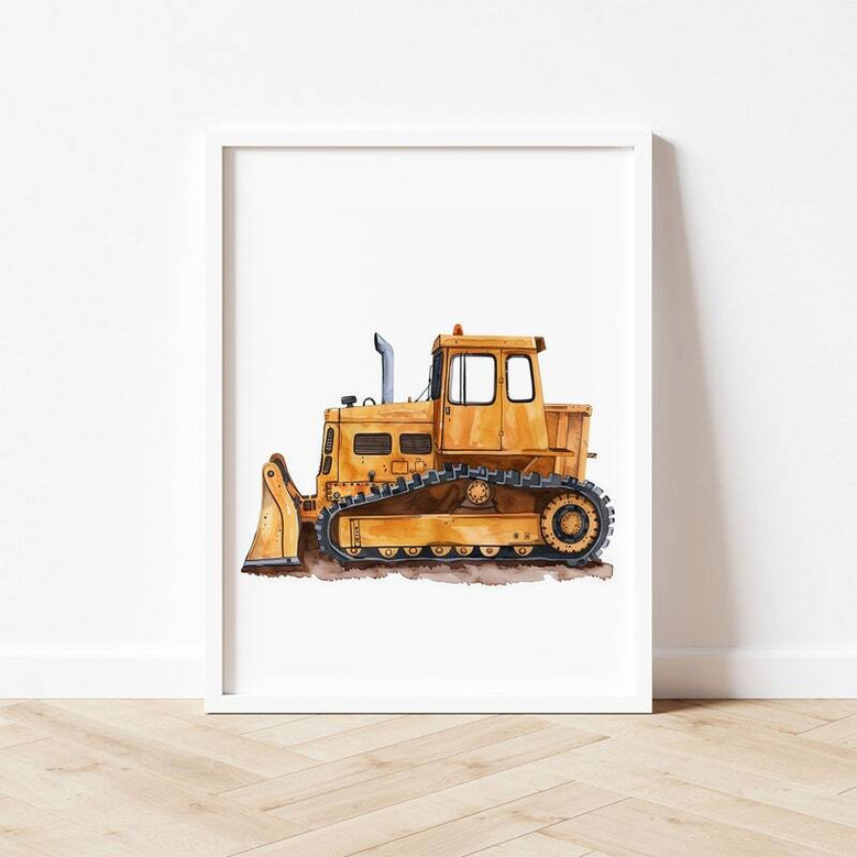 Construction theme canvas set with cute excavator and bulldozer art, cartoon style for toddler bedroom decor, gray background Construction theme canvas set with cute excavator and bulldozer art, cartoon style for toddler bedroom decor, gray background