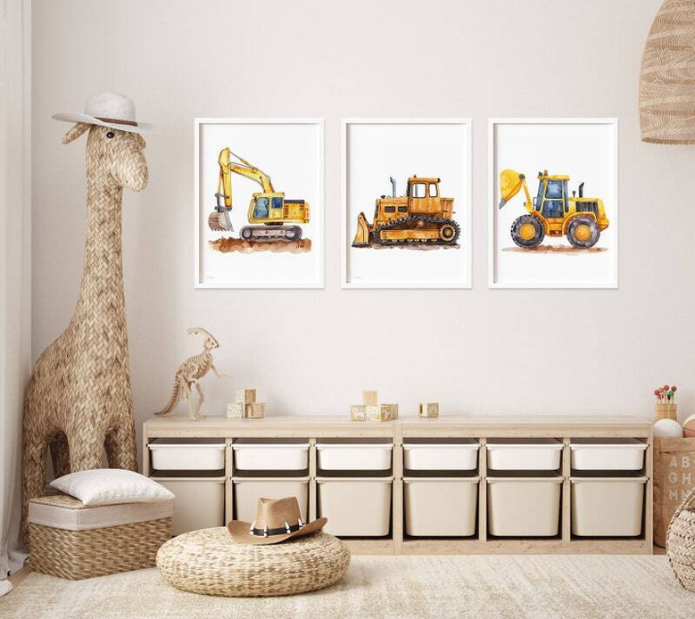 Construction trucks canvas set, excavator and bulldozer art on square panels, cheerful toddler wall decor in soft neutrals Construction trucks canvas set, excavator and bulldozer art on square panels, cheerful toddler wall decor in soft neutrals