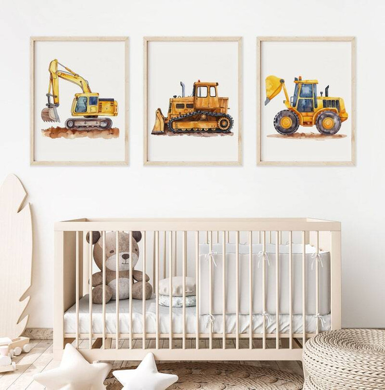 Construction vehicles canvas prints with excavator and bulldozer, playful nursery wall art set with cones and dirt mounds Construction vehicles canvas prints with excavator and bulldozer, playful nursery wall art set with cones and dirt mounds
