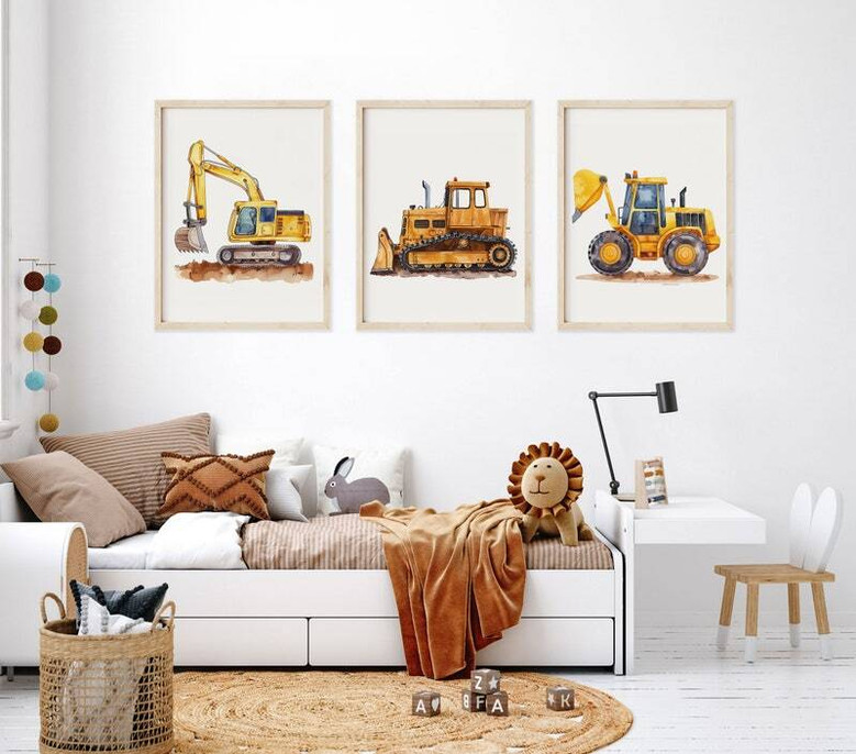 Construction vehicle canvas prints, excavator and bulldozer facing opposite directions, sky blue and gray backgrounds Construction vehicle canvas prints, excavator and bulldozer facing opposite directions, sky blue and gray backgrounds