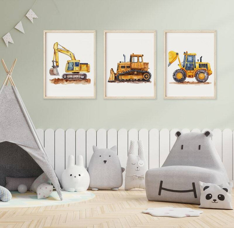 Construction trucks canvas art set with mustard yellow excavator and bulldozer on white, minimalist nursery wall decor Construction trucks canvas art set with mustard yellow excavator and bulldozer on white, minimalist nursery wall decor