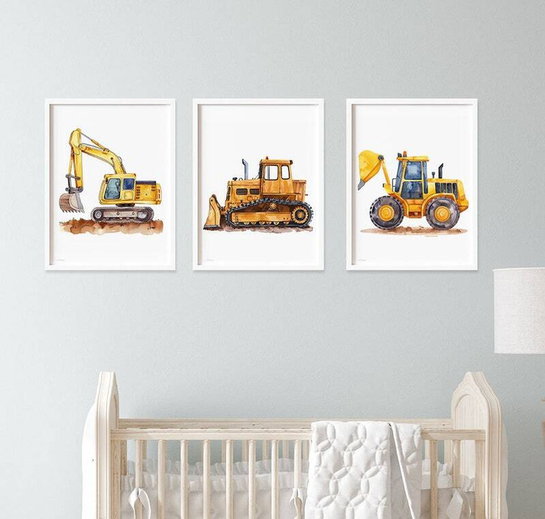 Construction trucks canvas prints with yellow excavator and bulldozer, portrait set for nursery wall decor in light blue Construction trucks canvas prints with yellow excavator and bulldozer, portrait set for nursery wall decor in light blue