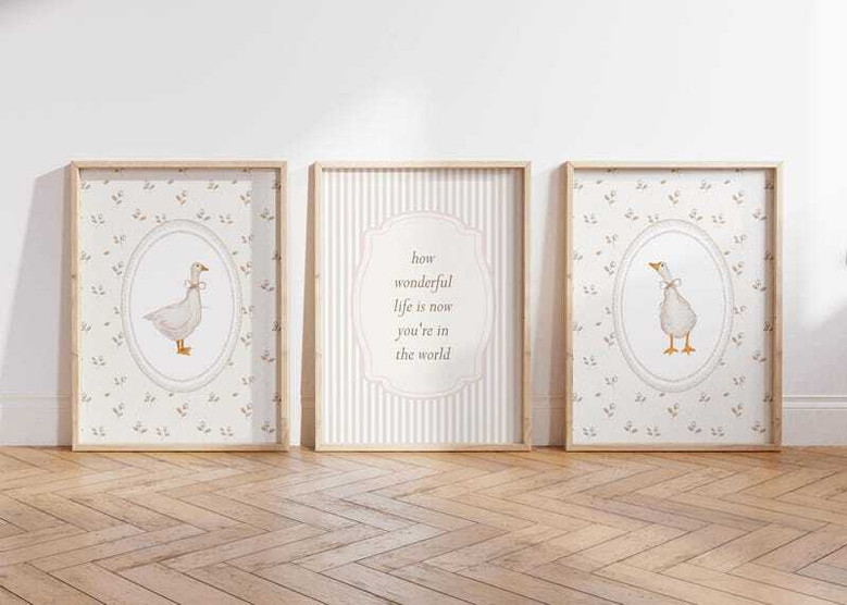 Vintage goose floral nursery canvas wall art for baby girl room, pastel pink palette, portrait orientation, heartfelt decor