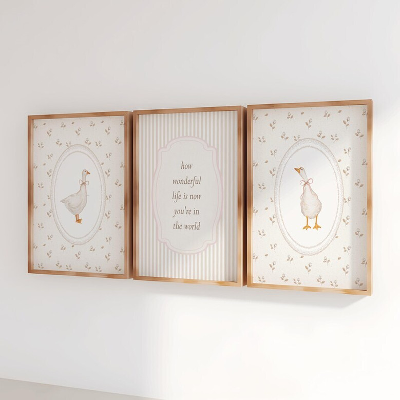 Vintage goose and floral canvas wall art for toddler girl room, pastel palette, portrait layout, charming nursery accent