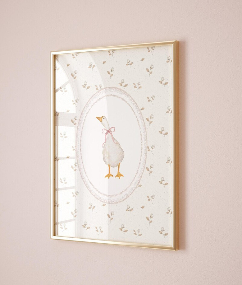 Vintage goose flowers nursery canvas wall art for girls room, neutral beige and sage, landscape layout, soothing decor