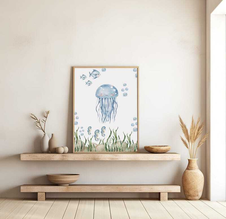 Modern nautical nursery wall art canvas set showcasing whale and sea turtle, perfect decor for kids playroom or boys bedroom