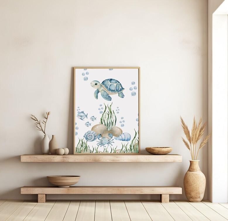 Modern nautical canvas set of turtle and whale art, soft blue tones for nursery wall decor, kids playroom, or boys bedroom