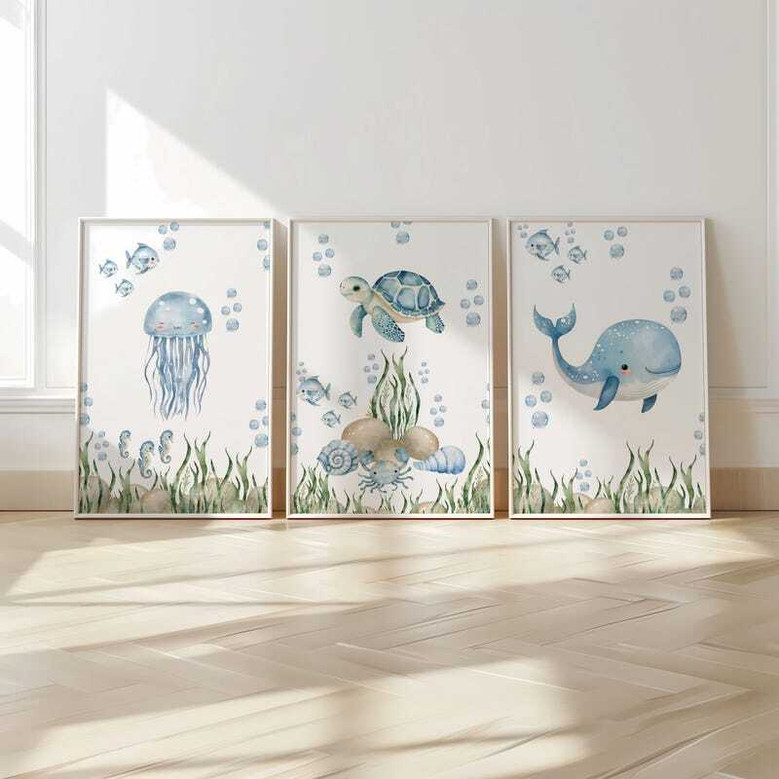 Modern nautical canvas set with sea turtle and whale art for nursery decor, ideal for kids playroom or boys bedroom walls