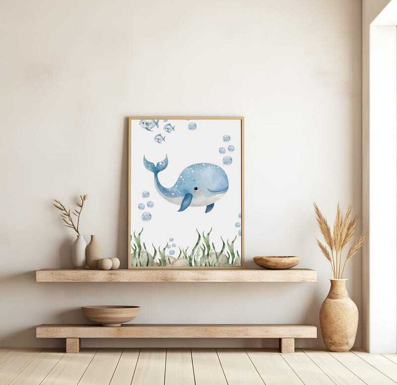 Modern nautical kids wall art canvas set with turtle and whale, charming ocean decor for nursery, playroom, or boys bedroom