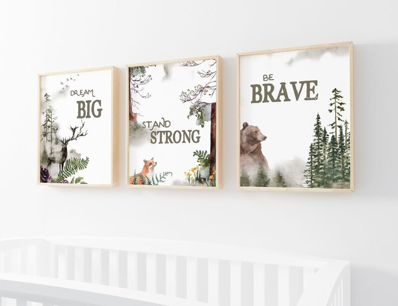 Woodland forest nursery canvas set with bear, fox, deer and Be Brave, Stay Strong, Dream Big quotes in neutral tones