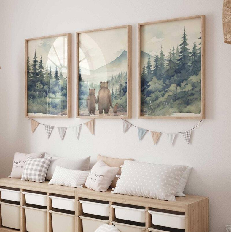 Woodland bear family nursery wall art prints, trio of forest animals on canvas, neutral palette for boys nursery decor