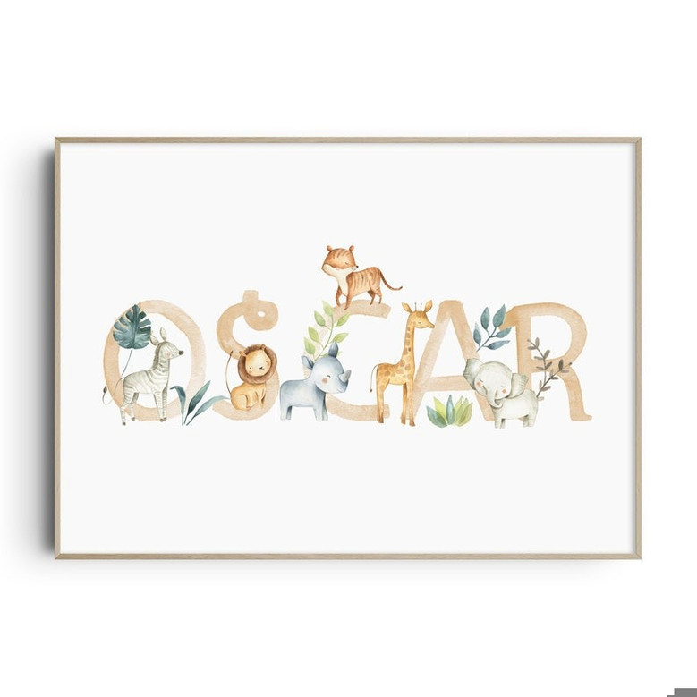 Safari animal canvas nursery art, whimsical in soft neutral tones, custom name, perfect boys room decor, new baby gift