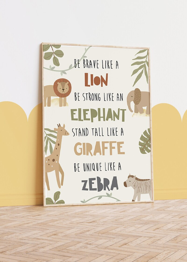 Jungle safari nursery canvas wall art with lion, zebra, giraffe; vibrant colors, square format for toddler playroom decor
