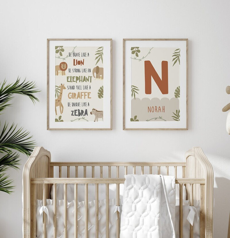 Safari nursery canvas wall art, boho jungle animals print, horizontal, ideal baby shower gift for boys or girls' room