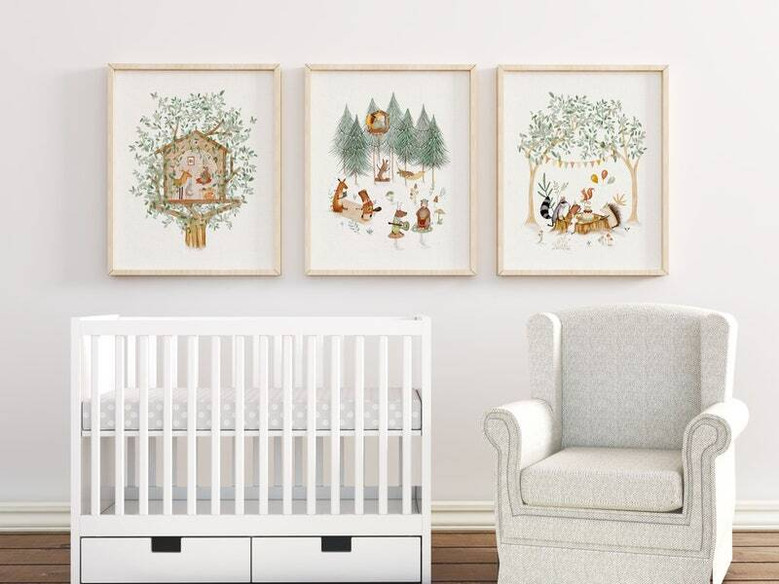 Woodland nursery canvas set with whimsical fox, deer, and bear in soft sage green, portrait prints for baby room wall decor