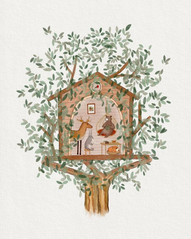 Woodland nursery canvas set featuring whimsical bunny, fawn, and hedgehog in sage green tones, landscape trio for nursery