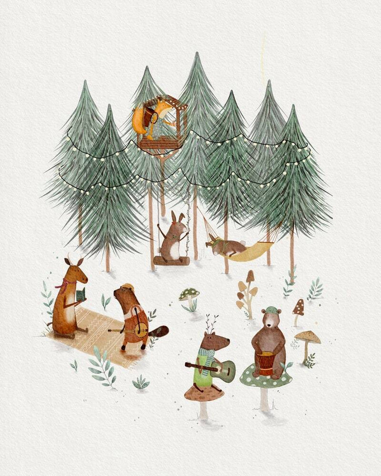 Woodland nursery canvas set with raccoon, owl, and pine trees in calming sage green, square prints for baby nursery decor
