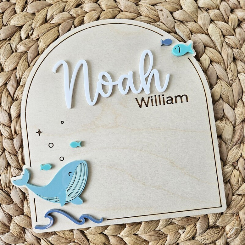Whale nursery wood sign, personalized whitewashed plaque with rope hanger for baby footprint display; baby shower gift