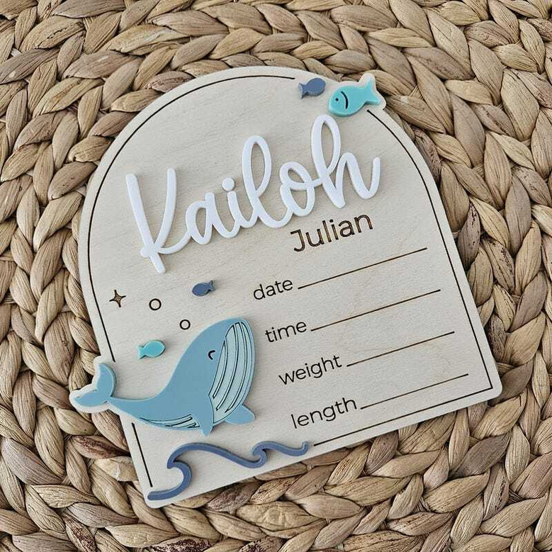 Whale nursery wood sign, personalized rectangular natural wood plaque with custom name and date, coastal nursery wall decor