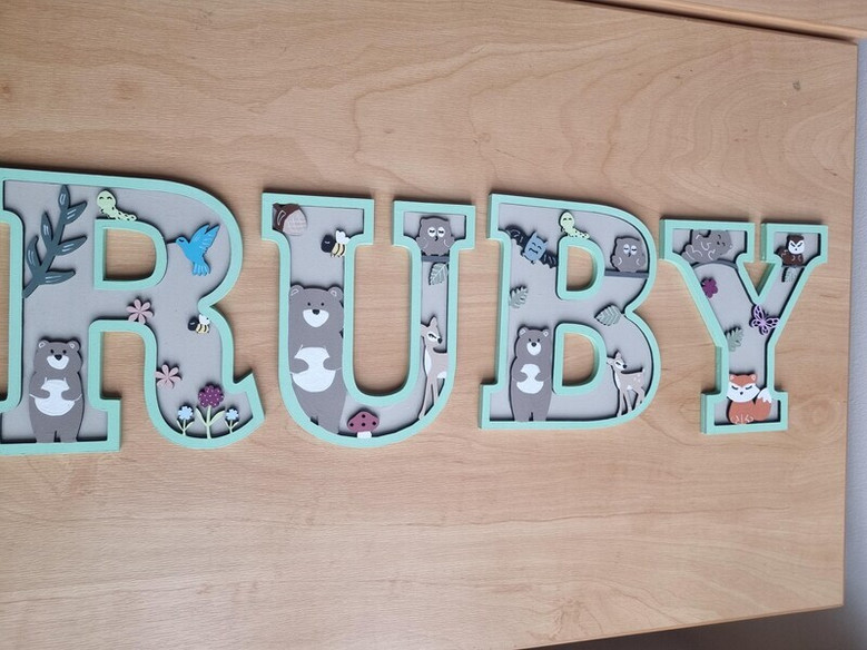 Woodland nursery animal wood sign letters, freestanding shelf, personalized name in white with raccoon and deer, kids room