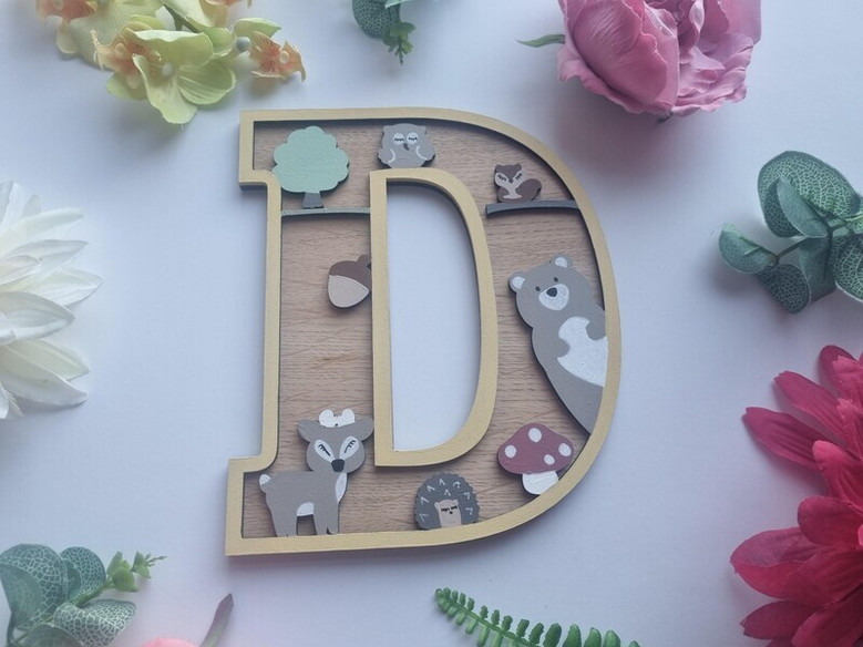 Woodland nursery animal wood sign letters, whitewashed 3D layered, personalized name with raccoon and bunny, baby gift