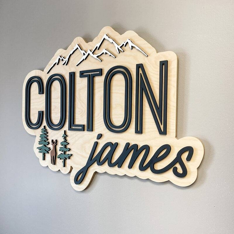 Wildlife woodland name sign, personalized 3D nursery wall decor featuring custom name with deer, owl, and evergreen details