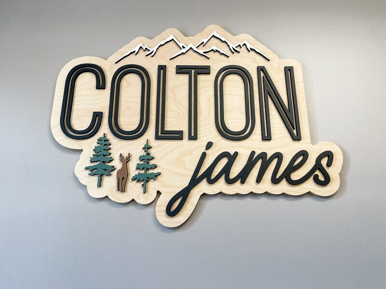 Woodland wildlife name sign for nursery, 3D layered cut detailing, custom name with bear and mountain silhouettes