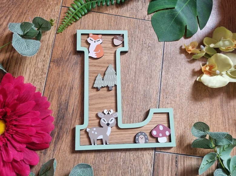 Woodland nursery animal wood sign letters in walnut stain, personalized script name with deer and owl, kids room plaque