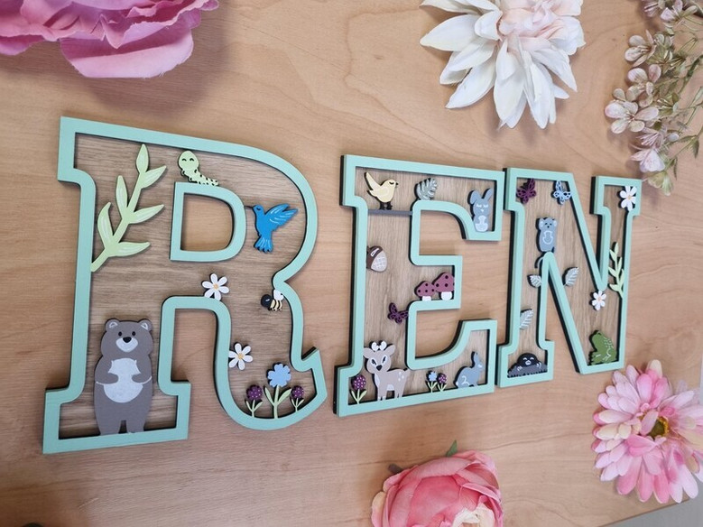 Woodland nursery animal wood sign letters in painted pastels, personalized initial with fox motif, hanging decor, kids room