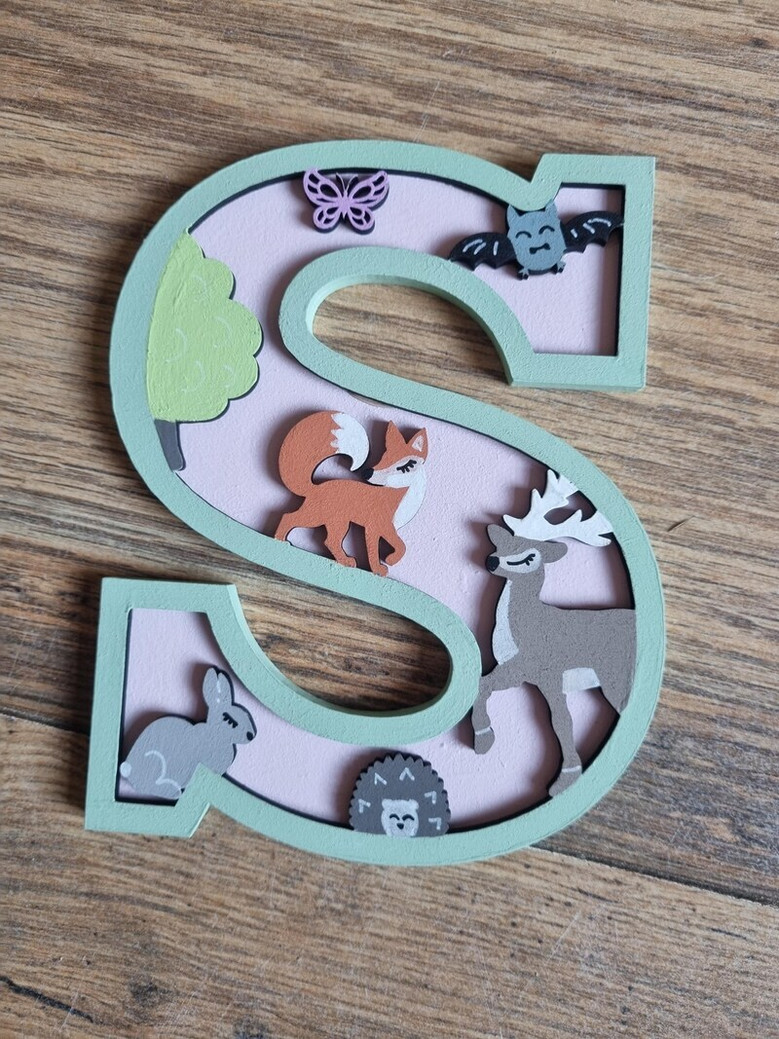 Woodland nursery animal wood sign letters, laser-cut birch ply block, personalized name with deer and pines, shelf sitter