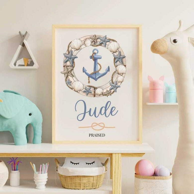 Anchor nautical nursery canvas, personalized with child’s name; nautical accents suit a baby boy room and new moms