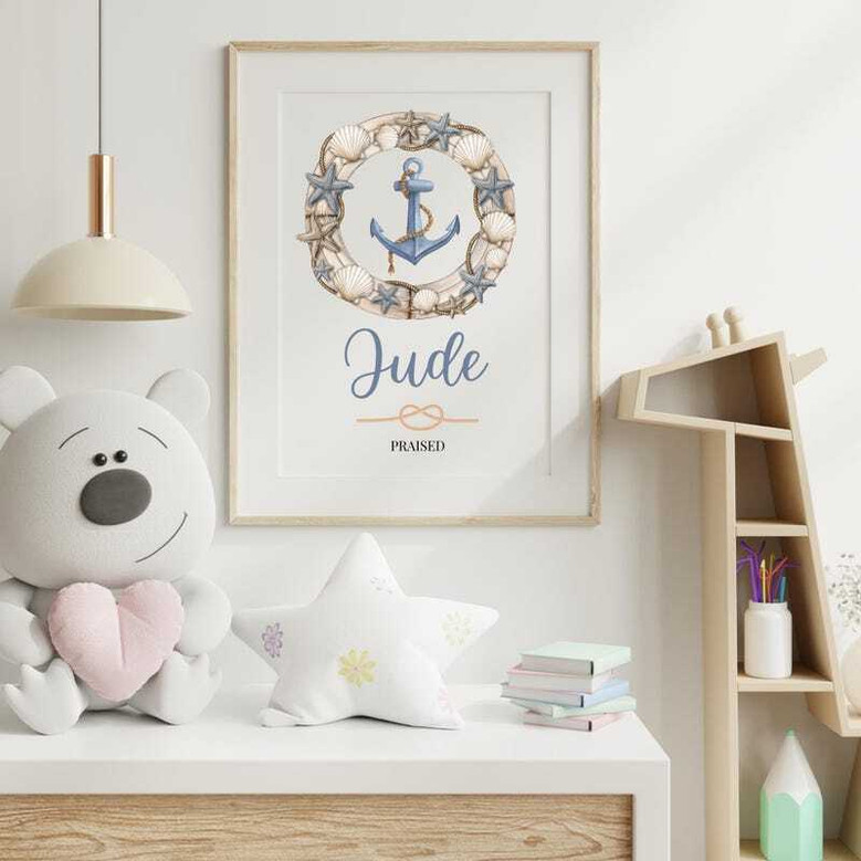 Nautical nursery canvas with anchor motif, custom baby name and date; sweet baby shower gift for new moms and boys rooms