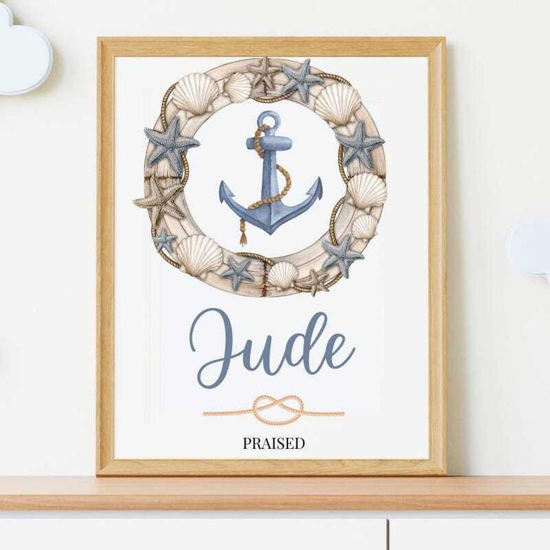 Nautical anchor nursery canvas wall art, personalized with baby name and birth date for boys room and new moms