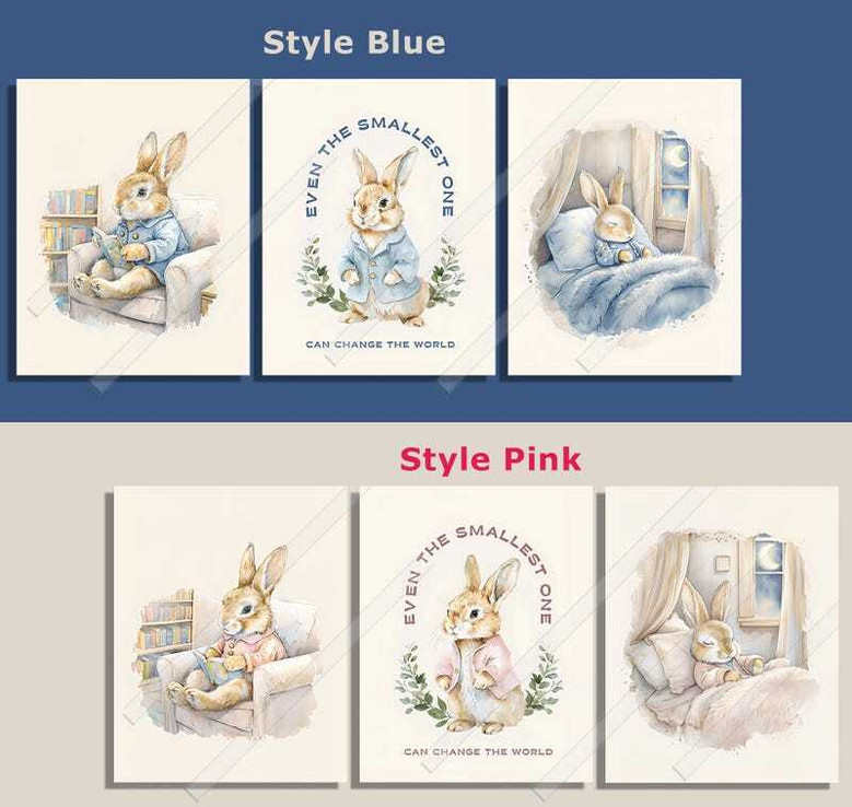 Peter Rabbit canvas art set for nursery, watercolor bunny prints with Beatrix Potter quote in soft blue nursery wall decor