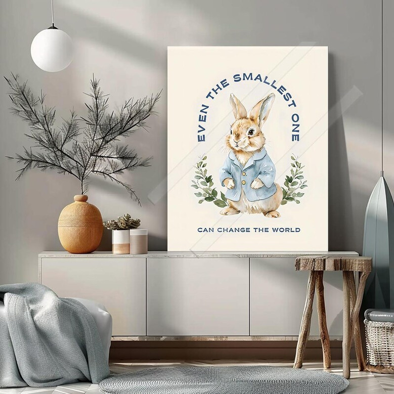 Peter Rabbit canvas art set, soft watercolor bunny with Beatrix Potter quote in pink tones, elegant nursery wall decor