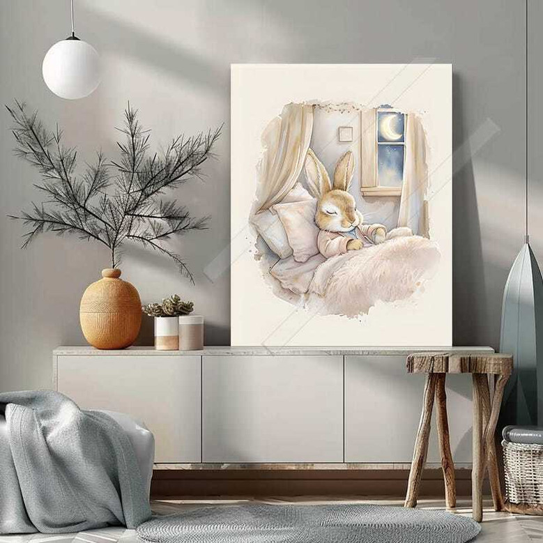 Peter Rabbit canvas art set, soft watercolor bunny with Beatrix Potter quote in blue tones, elegant nursery wall decor