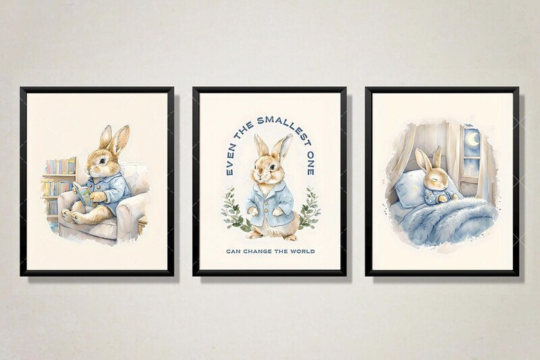 Peter Rabbit canvas art set for nursery, watercolor bunny prints with Beatrix Potter quote in soft pink nursery wall decor