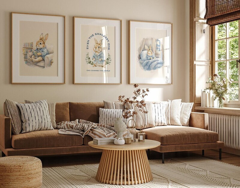 Peter Rabbit canvas art set featuring Beatrix Potter quote, blush pink bunny nursery wall decor for a charming baby girl