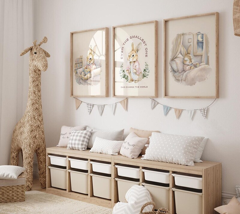 Peter Rabbit canvas art set featuring Beatrix Potter quote, powder blue bunny nursery wall decor for a serene baby boy