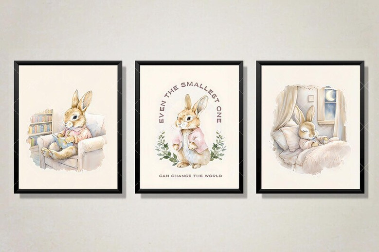Peter Rabbit canvas art set in blush pink, classic storybook bunny and Beatrix Potter quote for newborn nursery wall decor