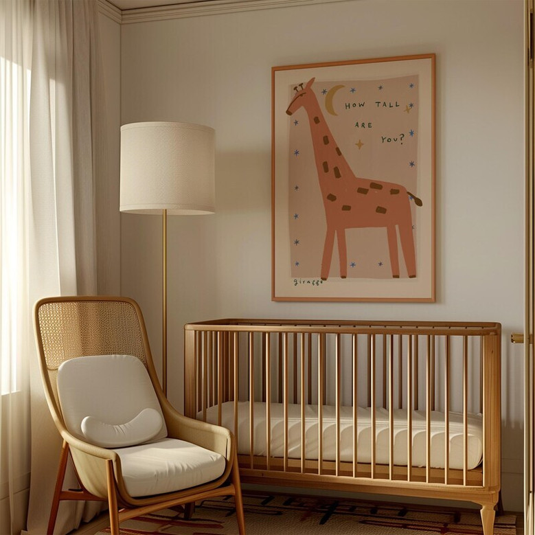 Giraffe nursery canvas wall art with pastel palette and soft textures, square layout for calming playroom or bedroom decor