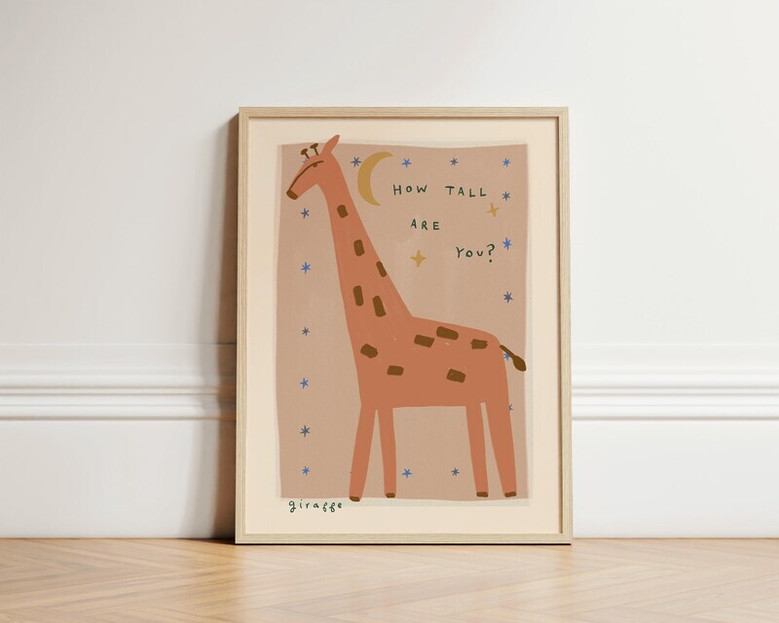 Giraffe nursery canvas wall art in boho style, neutral earth tones, portrait orientation for kids room or playroom decor