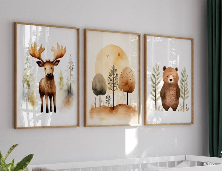 Earth-toned woodland nursery canvas art, set of two bear and moose prints in soft watercolor, perfect for baby room decor